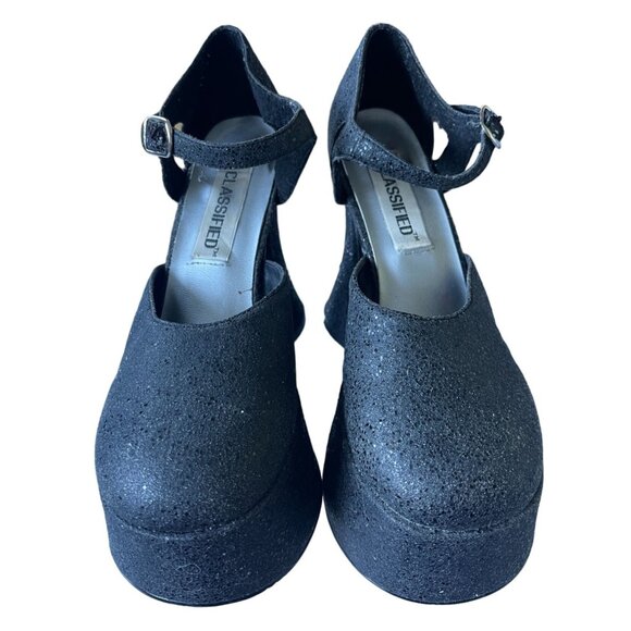 Vintage Y2K Womans 5.5 Platform SHIMMER Sandals Round Toe Block Heel Black 1990s - Picture 2 of 6